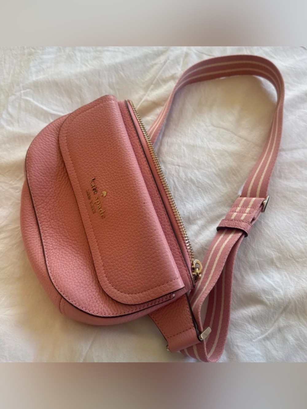 kate spade Pink Pebbled Leather Crossbody Belt Bag with Striped Strap